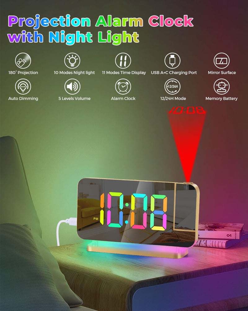 SZELAM Projection Alarm Clock 7.4"" LED Mirror Digital Clocks Large Display with 180 Rotatable Projector RGB Night Light USB C Port Auto Dimmer  Loud Desk Clock for Heavy Sleeper Bedroom - Gold - Image 2